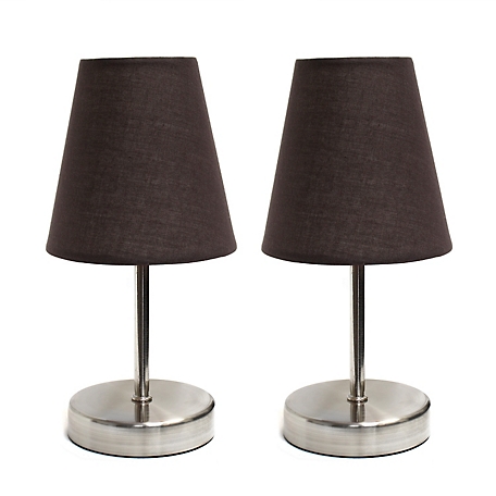 Simple Designs 10.63 in. H Sand Nickel Mini Basic Table Lamps with Fabric Shade, 2-Pack, Brown