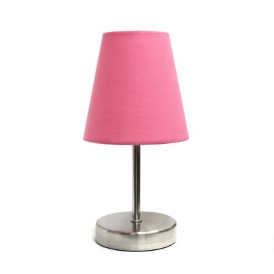Simple Designs 10.63 in. H Sand Nickel Mini Basic Table Lamp with Fabric Shade, Pink