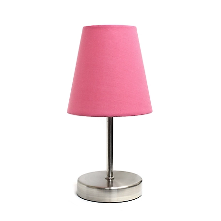 Simple Designs 10.63 in. H Sand Nickel Mini Basic Table Lamp with Fabric Shade, Pink