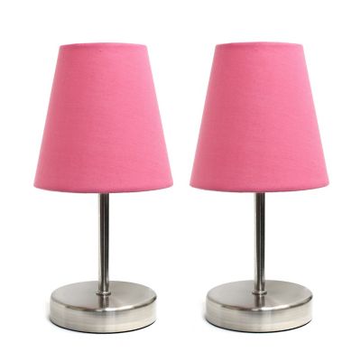Simple Designs 10.63 in. H Sand Nickel Mini Basic Table Lamps with Fabric Shade, 2-Pack, Pink