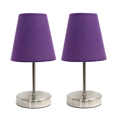 Simple Designs 10.63 in. H Sand Nickel Mini Basic Table Lamps with Fabric Shade, 2-Pack, Purple