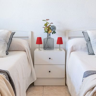 Simple Designs 10.63 in. H Sand Nickel Mini Basic Table Lamps with Fabric Shade, 2-Pack, Red