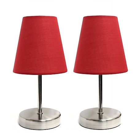 Simple Designs 10.63 in. H Sand Nickel Mini Basic Table Lamps with Fabric Shade, 2-Pack, Red