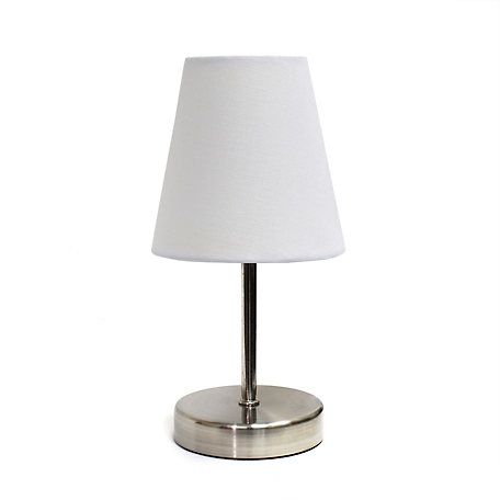 Simple Designs 10.63 in. H Sand Nickel Mini Basic Table Lamp with Fabric Shade, White