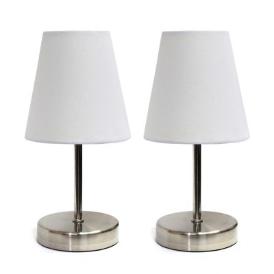 Simple Designs 10.63 in. H Sand Nickel Mini Basic Table Lamps with Fabric Shade, 2-Pack, White