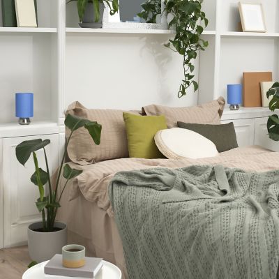 Simple Designs 9 in. H Gemini Mini Touch Lamps with Base and Fabric Shades, Blue, 2-Pack