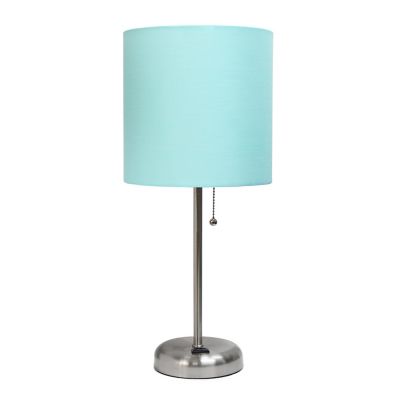 LimeLights 19.5 in. H Stick Lamp with Charging Outlet and Fabric Shade, Aqua/Brushed Steel
