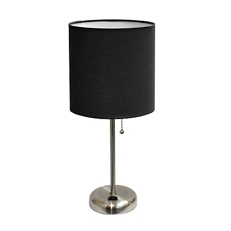 LimeLights 19.5 in. H Stick Lamp with Charging Outlet and Fabric Shade, Black/Brushed Steel