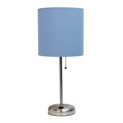 LimeLights 19.27 in. H Stick Lamp with Charging Outlet and Fabric Shade, Blue/Brushed Steel
