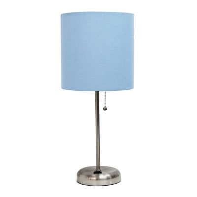 Image showing  19.27 in. H Stick Lamp with Charging Outlet and Fabric Shade, Blue/Brushed Steel