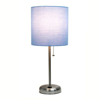 Image showing  19.27 in. H Stick Lamp with Charging Outlet and Fabric Shade, Blue/Brushed Steel