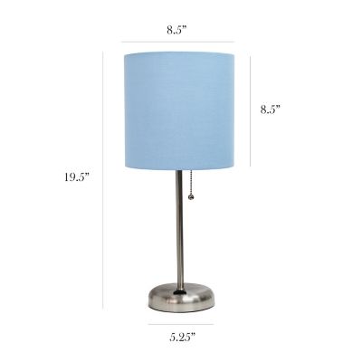 Image showing  19.27 in. H Stick Lamp with Charging Outlet and Fabric Shade, Blue/Brushed Steel