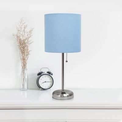 Image showing  19.27 in. H Stick Lamp with Charging Outlet and Fabric Shade, Blue/Brushed Steel