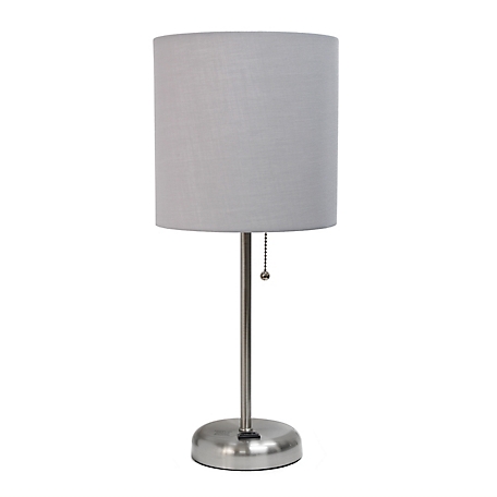 LimeLights 19.29 in. H Stick Lamp with Charging Outlet and Fabric Shade, Gray/Brushed Steel