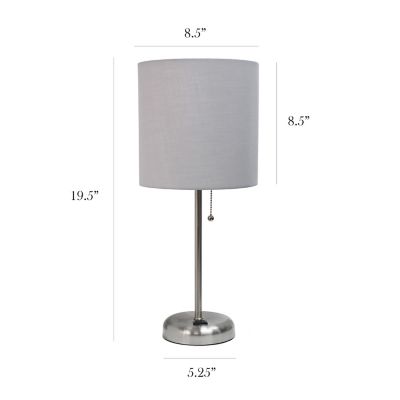 Image showing  19.29 in. H Stick Lamp with Charging Outlet and Fabric Shade, Gray/Brushed Steel