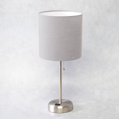 Image showing  19.29 in. H Stick Lamp with Charging Outlet and Fabric Shade, Gray/Brushed Steel