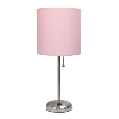 LimeLights 19.5 in. H Stick Lamp with Charging Outlet and Fabric Shade, Light Pink/Brushed Steel
