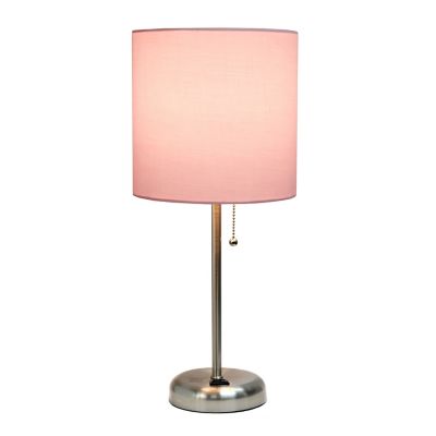 Image showing  19.5 in. H Stick Lamp with Charging Outlet and Fabric Shade, Light Pink/Brushed Steel