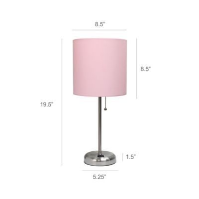 Image showing  19.5 in. H Stick Lamp with Charging Outlet and Fabric Shade, Light Pink/Brushed Steel