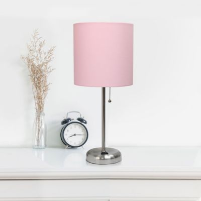 Image showing  19.5 in. H Stick Lamp with Charging Outlet and Fabric Shade, Light Pink/Brushed Steel