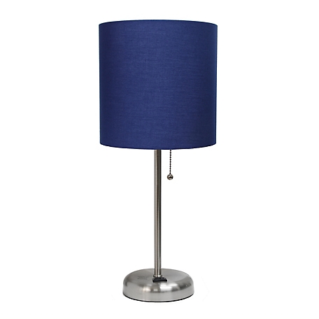 LimeLights 19.5 in. H Stick Lamp with Charging Outlet and Fabric Shade, Navy/Brushed Steel