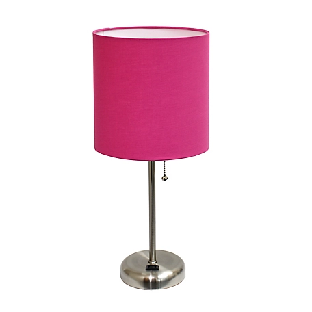 LimeLights 19.5 in. H Stick Lamp with Charging Outlet and Fabric Shade, Pink/Brushed Steel