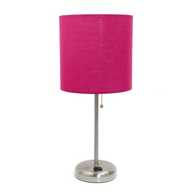 Image showing  19.5 in. H Stick Lamp with Charging Outlet and Fabric Shade, Pink/Brushed Steel