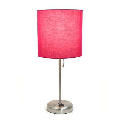 Image showing  19.5 in. H Stick Lamp with Charging Outlet and Fabric Shade, Pink/Brushed Steel