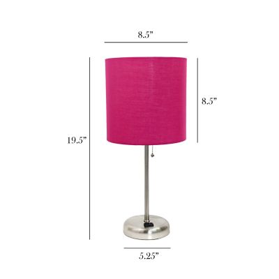 Image showing  19.5 in. H Stick Lamp with Charging Outlet and Fabric Shade, Pink/Brushed Steel