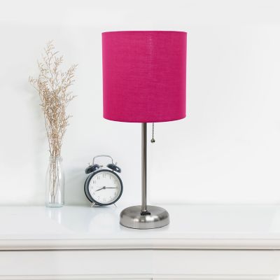 Image showing  19.5 in. H Stick Lamp with Charging Outlet and Fabric Shade, Pink/Brushed Steel