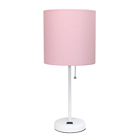 LimeLights 19.5 in. H Stick Lamp with Charging Outlet and Fabric Shade, Light Pink/White