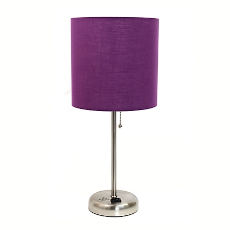 LimeLights 19.5 in. H Stick Lamp with Charging Outlet and Fabric Shade, Purple/Brushed Steel