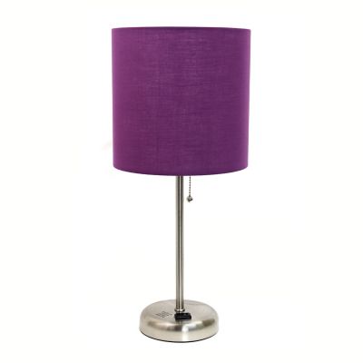 Image showing  19.5 in. H Stick Lamp with Charging Outlet and Fabric Shade, Purple/Brushed Steel