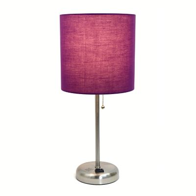 Image showing  19.5 in. H Stick Lamp with Charging Outlet and Fabric Shade, Purple/Brushed Steel
