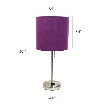 Image showing  19.5 in. H Stick Lamp with Charging Outlet and Fabric Shade, Purple/Brushed Steel