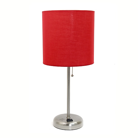 LimeLights 19.5 in. H Stick Lamp with Charging Outlet and Fabric Shade, Red/Brushed Steel