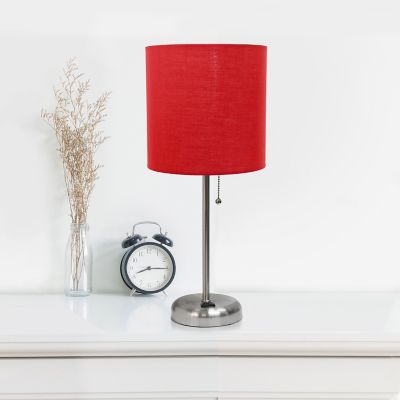 Image showing  19.5 in. H Stick Lamp with Charging Outlet and Fabric Shade, Red/Brushed Steel