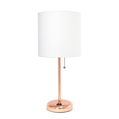 LimeLights 19.5 in. H Stick Lamp with Charging Outlet and Fabric Shade, White/Rose Gold