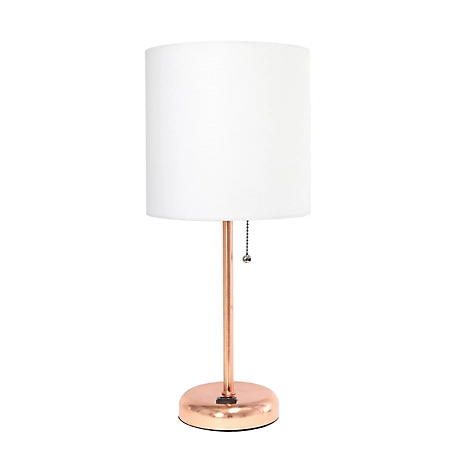 LimeLights 19.5 in. H Stick Lamp with Charging Outlet and Fabric Shade, White/Rose Gold