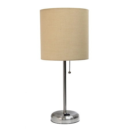 LimeLights 19.5 in. H Stick Lamp with Charging Outlet and Fabric Shade, Tan/Brushed Steel