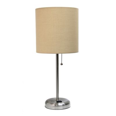 Image showing  19.5 in. H Stick Lamp with Charging Outlet and Fabric Shade, Tan/Brushed Steel