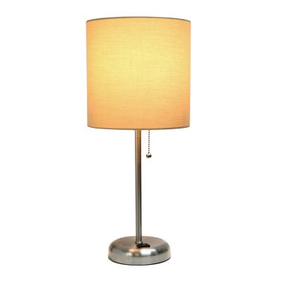 Image showing  19.5 in. H Stick Lamp with Charging Outlet and Fabric Shade, Tan/Brushed Steel
