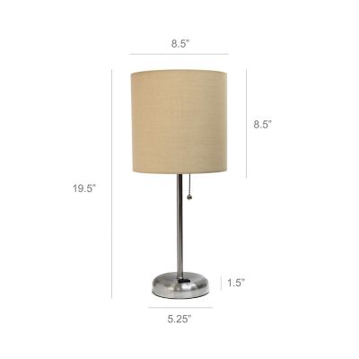 Image showing  19.5 in. H Stick Lamp with Charging Outlet and Fabric Shade, Tan/Brushed Steel