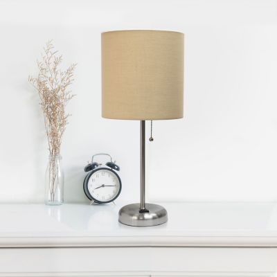 Image showing  19.5 in. H Stick Lamp with Charging Outlet and Fabric Shade, Tan/Brushed Steel