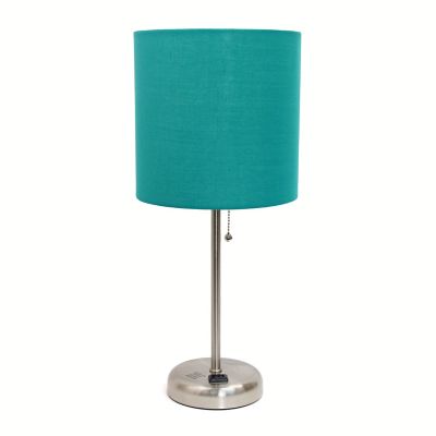 LimeLights 19.5 in. H Stick Lamp with Charging Outlet and Fabric Shade, Teal/Brushed Steel