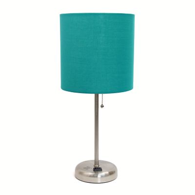 Image showing  19.5 in. H Stick Lamp with Charging Outlet and Fabric Shade, Teal/Brushed Steel