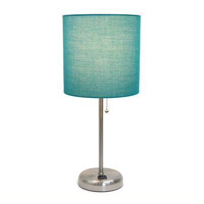 Image showing  19.5 in. H Stick Lamp with Charging Outlet and Fabric Shade, Teal/Brushed Steel