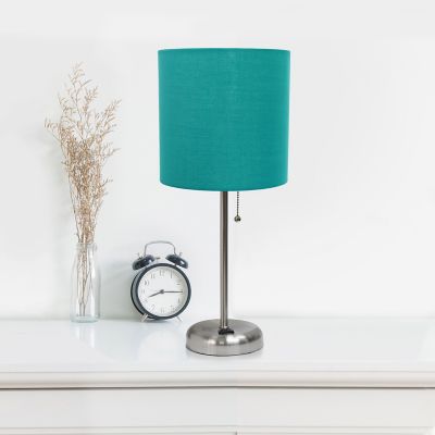Image showing  19.5 in. H Stick Lamp with Charging Outlet and Fabric Shade, Teal/Brushed Steel