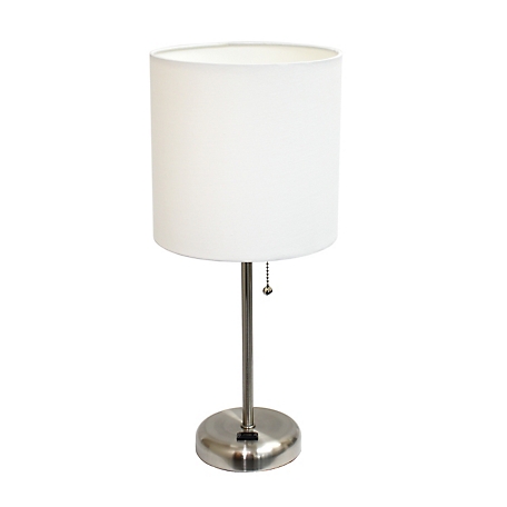 LimeLights 19.5 in. H Stick Lamp with Charging Outlet and Fabric Shade, White/Brushed Steel