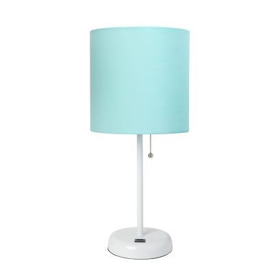 Image showing  19.5 in. H Stick Lamp with USB Charging Port and Fabric Shade, Aqua/White